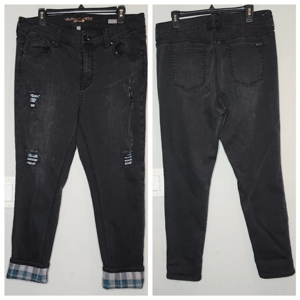 Melissa McCarthy Seven7 Black Distressed Green Plaid Stretch Jeans Size 16.
